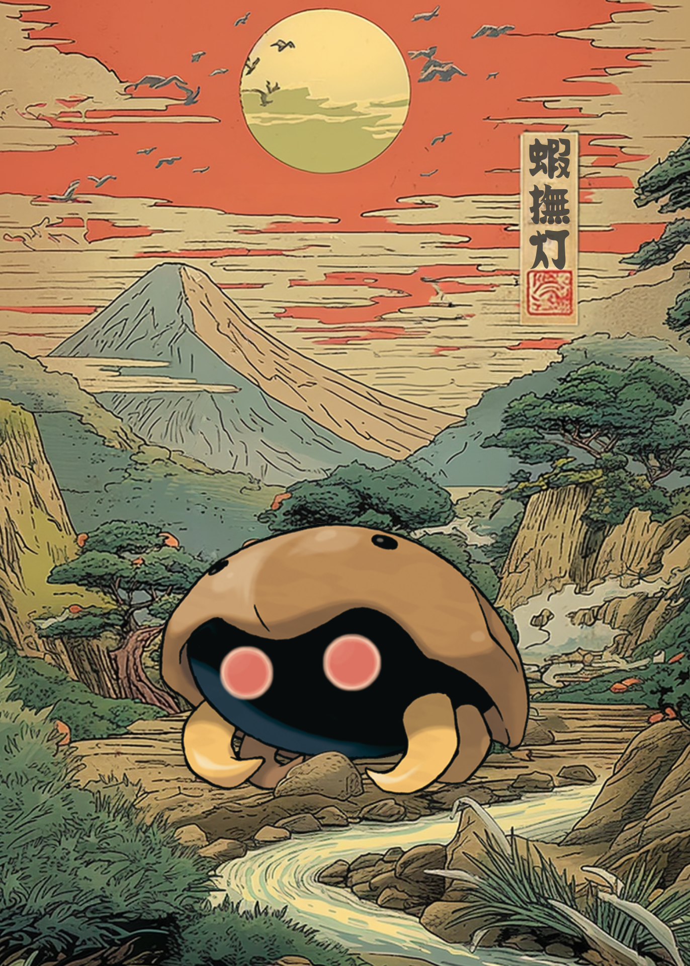 Kabuto Pokemon in a stylized Japanese landscape with mountains and trees.