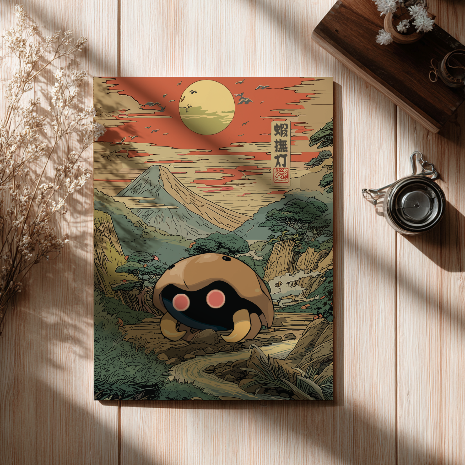 Poster with a stylized illustration of a mountainous landscape and Kabuto Pokemon, on a wooden surface.