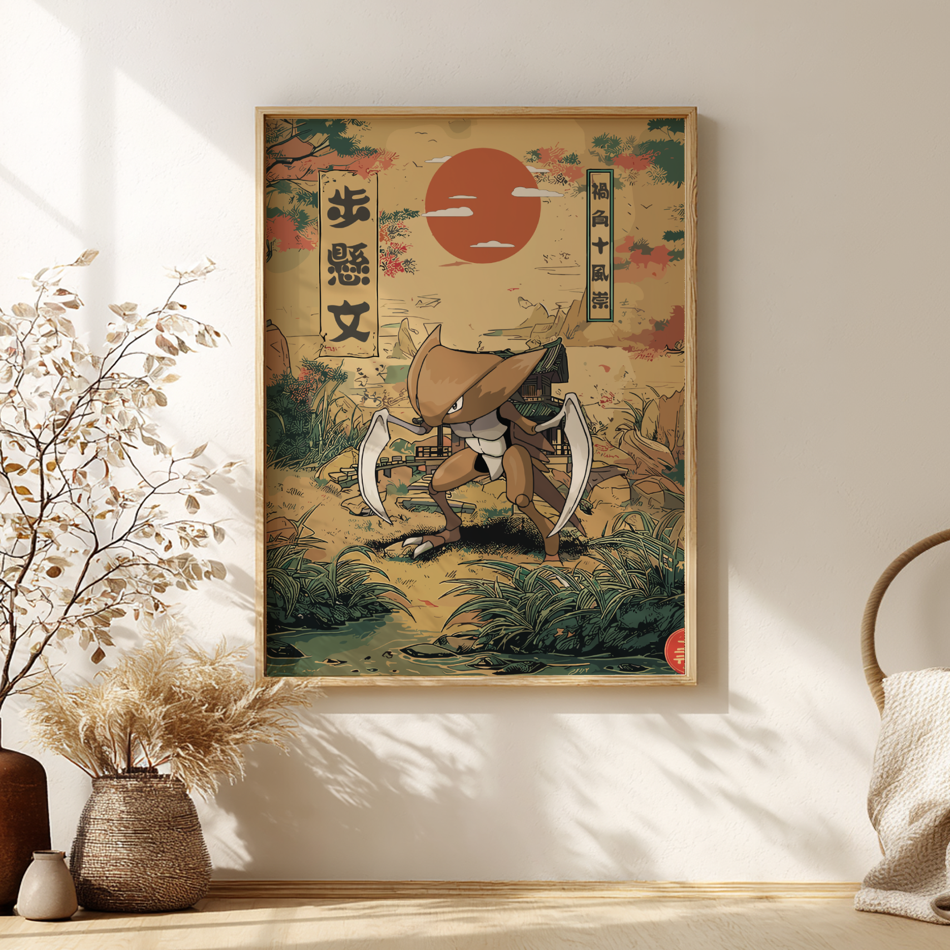 Framed artwork of Kabutops Pokemon in a forest setting with a sunset, displayed on a wall.