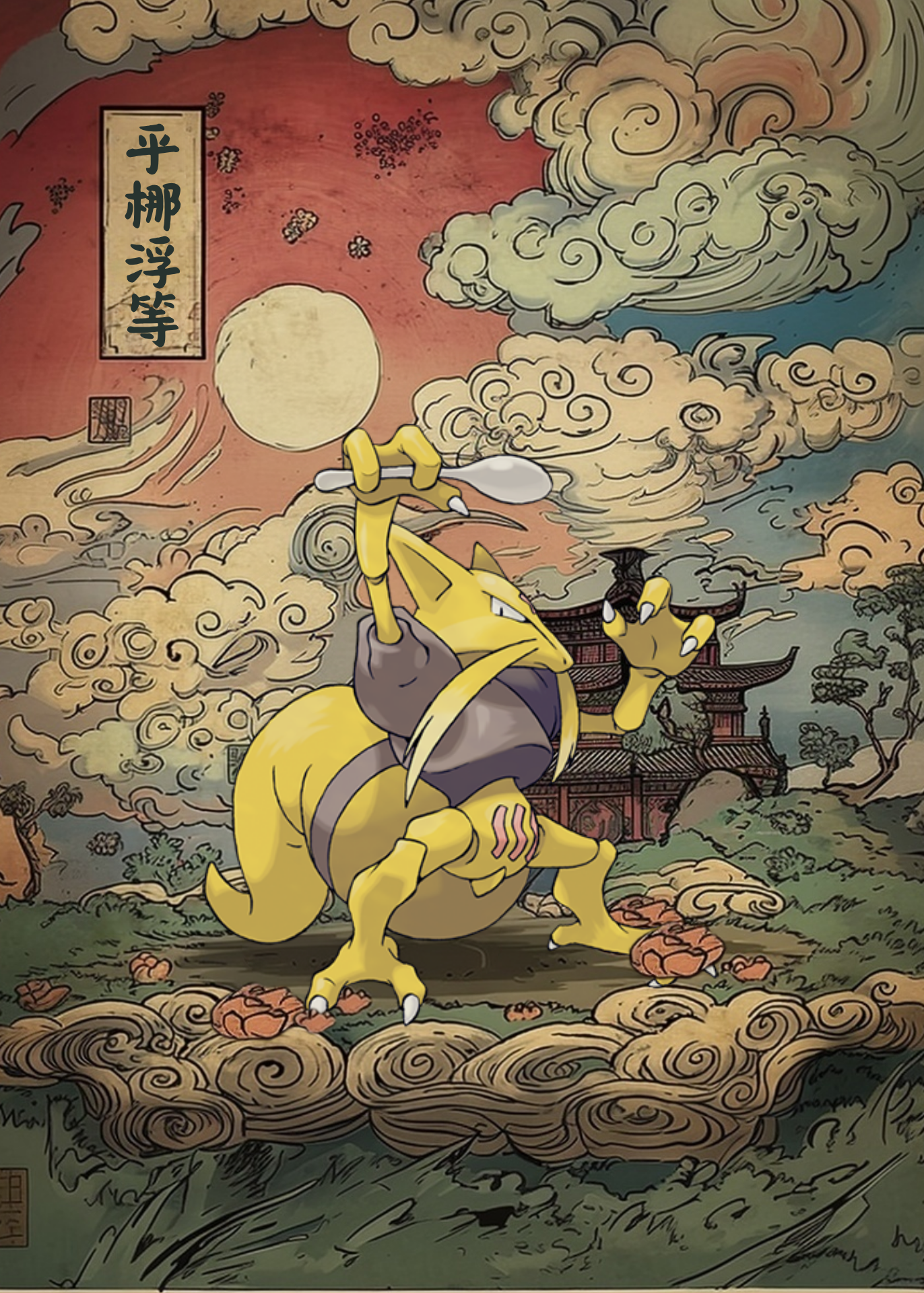 Kadabra Pokemon character in a fantasy setting with clouds and traditional architecture.
