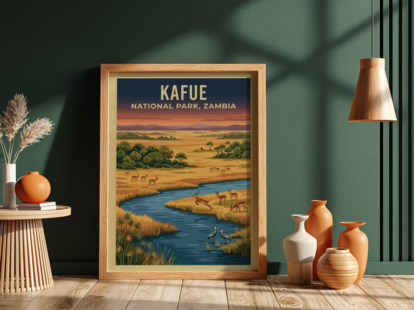 Kafue National Park poster featuring a vibrant landscape with wildlife and a river, perfect for nature