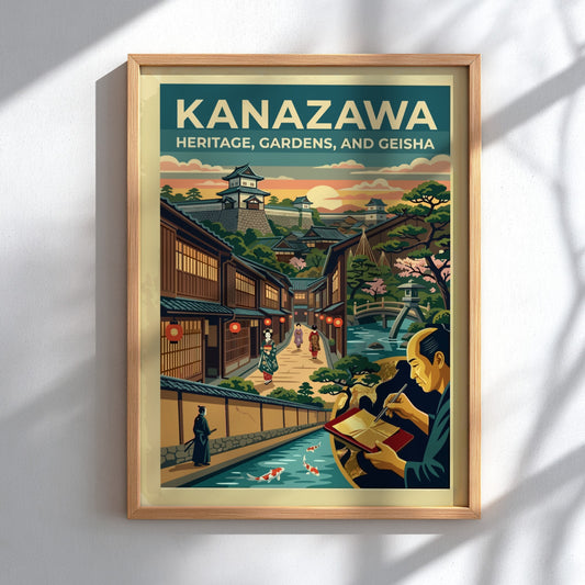 Travel poster of Kanazawa featuring a Japanese castle, geisha, gardens, and a canal.