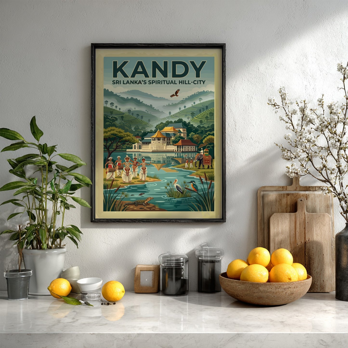 Vintage style travel poster of Kandy Sri Lanka with temple lake and dancers