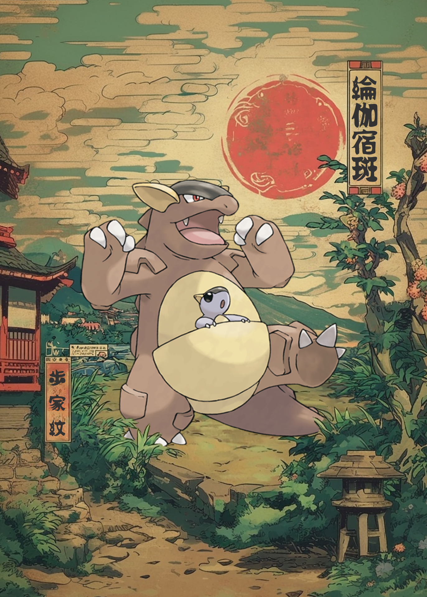 Kangaskhan Pokemon in a traditional Japanese setting with a large red sun in the sky.