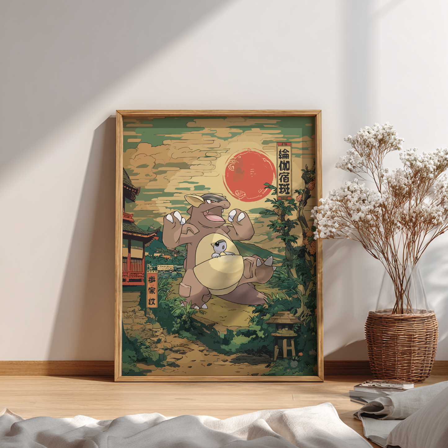 Framed artwork of Kangaskhan Pokemon in a traditional Japanese setting on a wall.