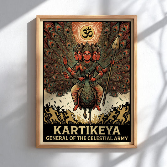 Kartikeya poster featuring a multi-headed deity on a peacock with the Om symbol