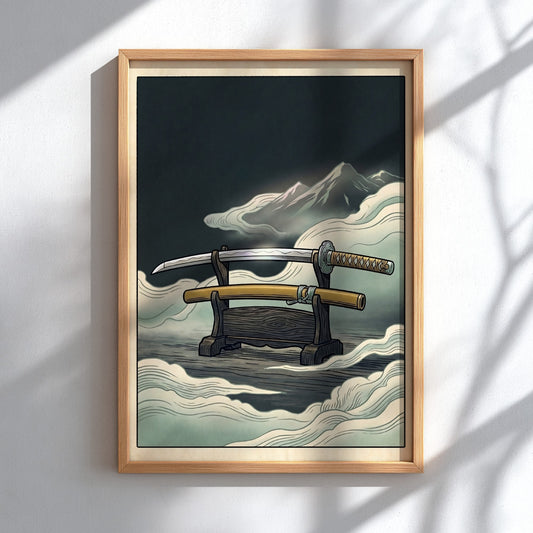 Japanese art style poster featuring a katana and mountains in soft colors
