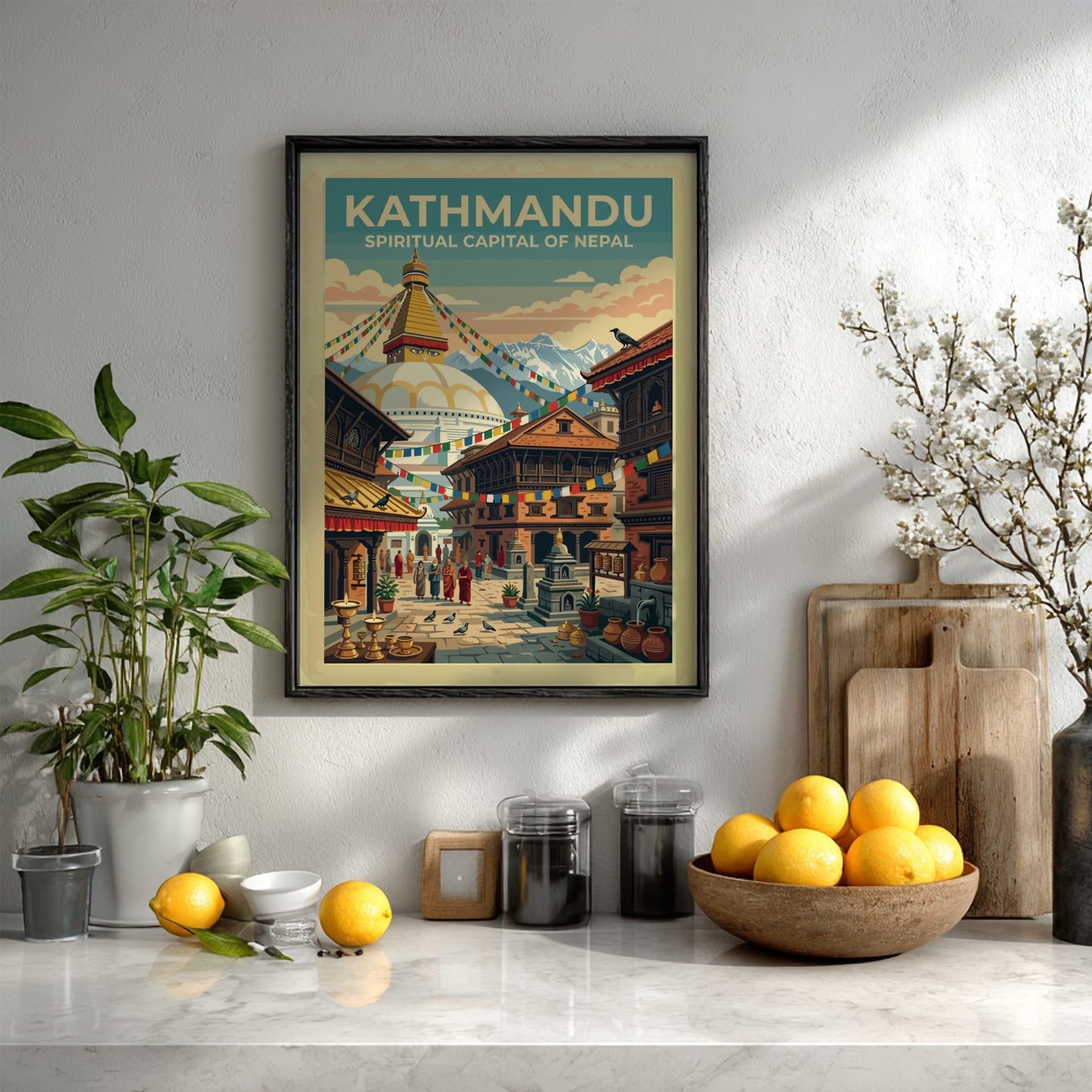 Travel poster of Kathmandu featuring a white stupa, prayer flags, and Himalayan mountains.