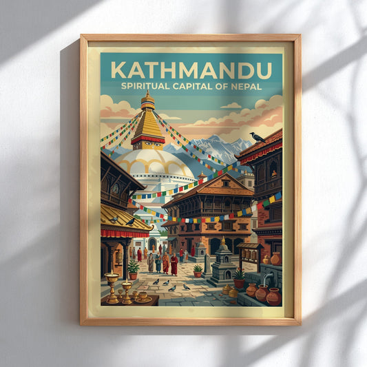 Travel poster of Kathmandu featuring a white stupa, prayer flags, and Himalayan mountains.