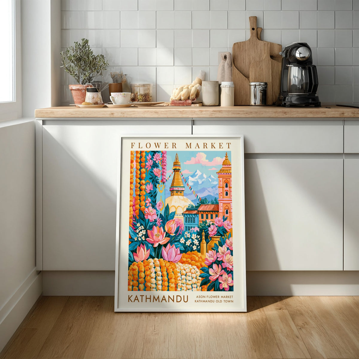 Flower market poster featuring vibrant colors and city architecture