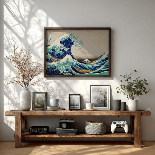 Famous art poster of Katsushika Hokusai's The Great Wave off Kanagawa, featuring ocean waves in blue and