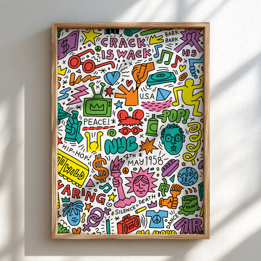 Keith Haring Anniversary poster featuring pop art drawings, bold lines, and vibrant colors.