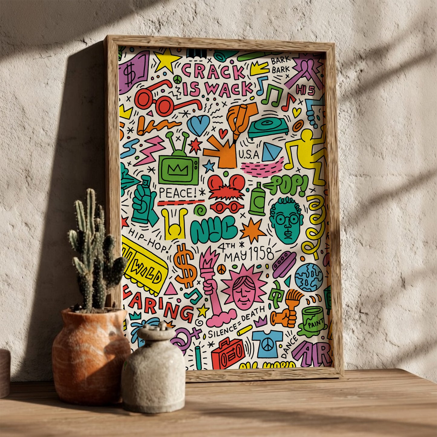 Keith Haring Anniversary poster featuring pop art drawings, bold lines, and vibrant colors.