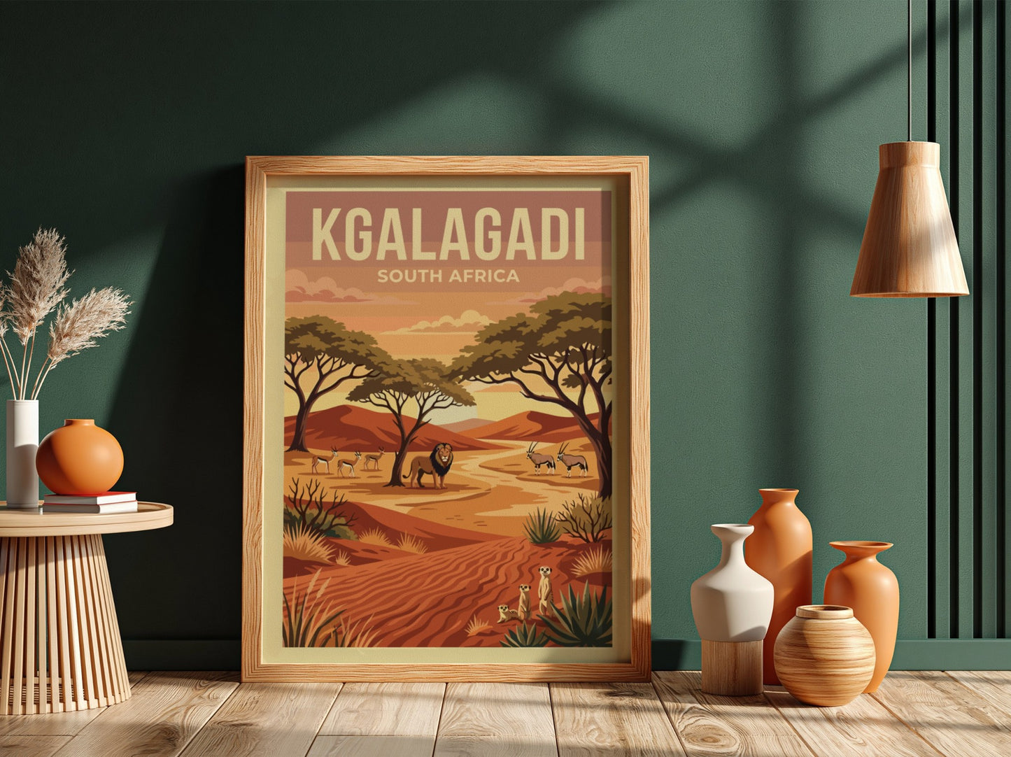 Kgalagadi poster featuring desert landscape, wildlife, warm colors, and nature theme.