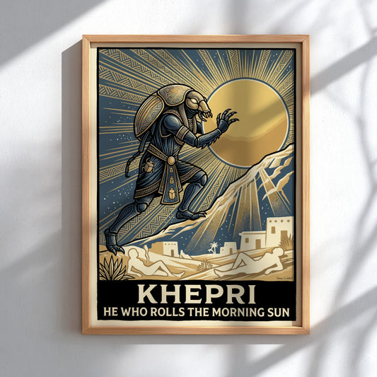 Khepri poster featuring a scarab deity rolling the golden morning sun across desert