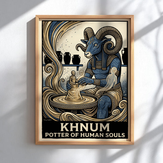 Poster featuring the ram-headed deity Khnum crafting human souls on a pottery wheel