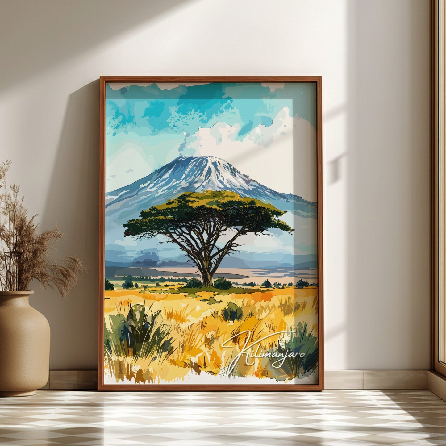 Framed artwork of Mount Kilimanjaro with a tree and landscape.