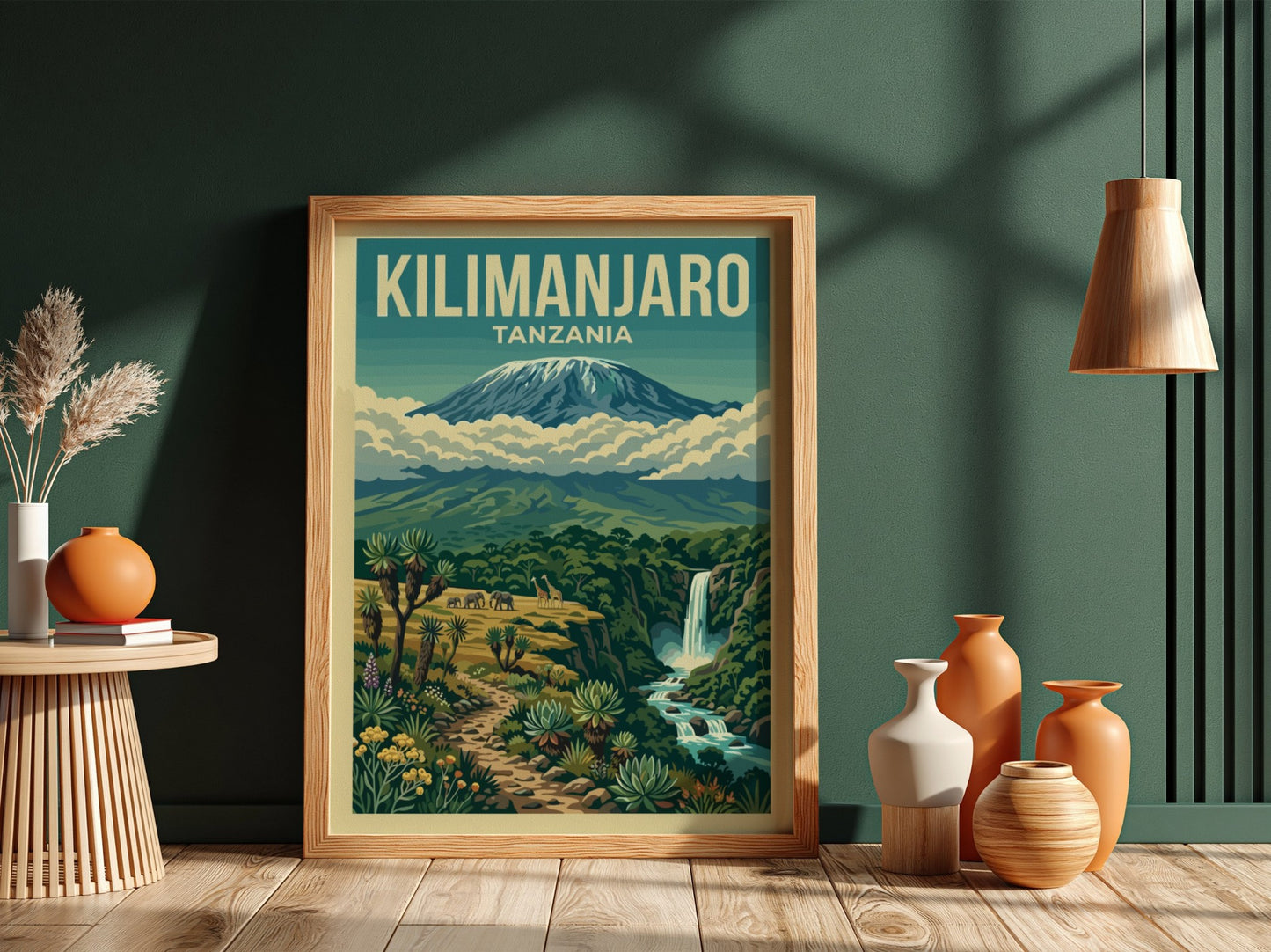 Kilimanjaro poster featuring vibrant colors, nature scene, and lush greenery for wall decor