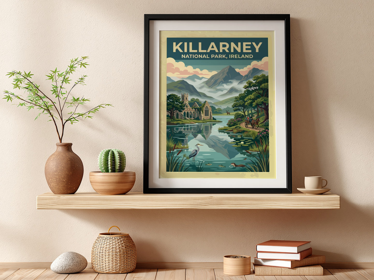 Travel poster of Killarney National Park featuring stone ruins mountains and a carriage