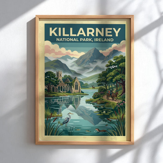 Travel poster of Killarney National Park featuring stone ruins mountains and a carriage