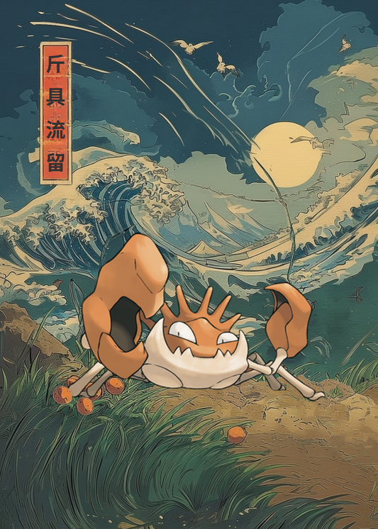 Artistic depiction of Kingler Pokemon with a large moon and wave in the background