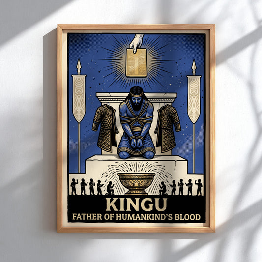 Poster of Kingu, a bound blue deity kneeling under a glowing tablet icon.