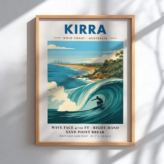 Kirra Gold Coast surf poster featuring a barrel wave and coastal skyline illustration