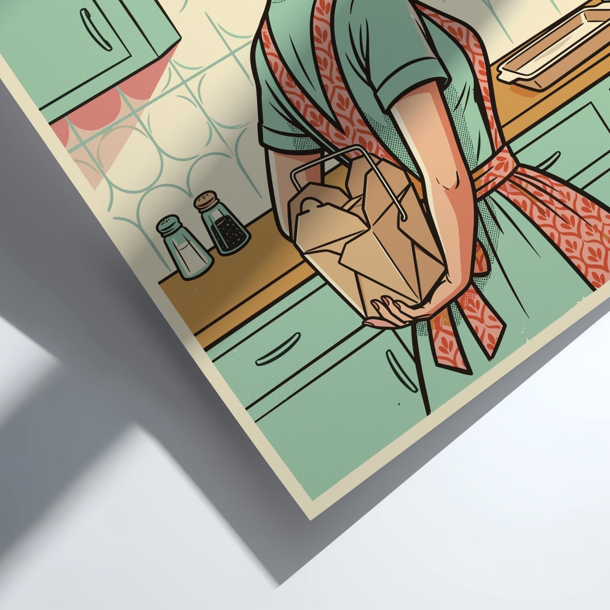 Poster featuring a retro woman holding takeout with the caption I Made It Myself