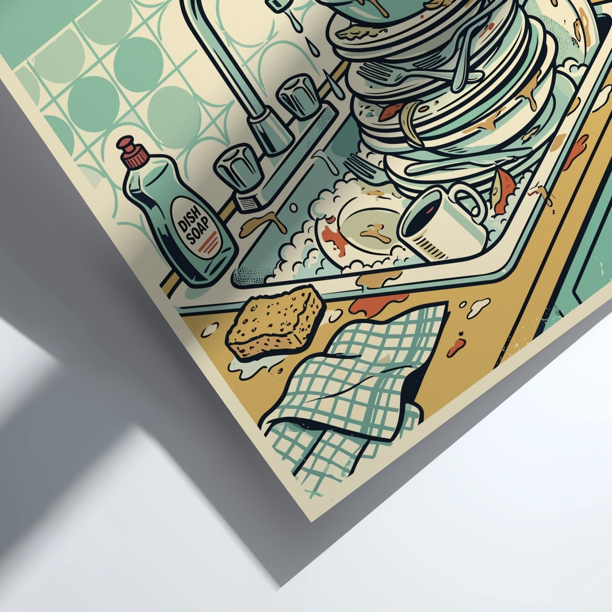 Poster featuring a sink filled with dirty dishes and bold Rinse Your Plate text