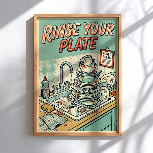 Poster featuring a sink filled with dirty dishes and bold Rinse Your Plate text