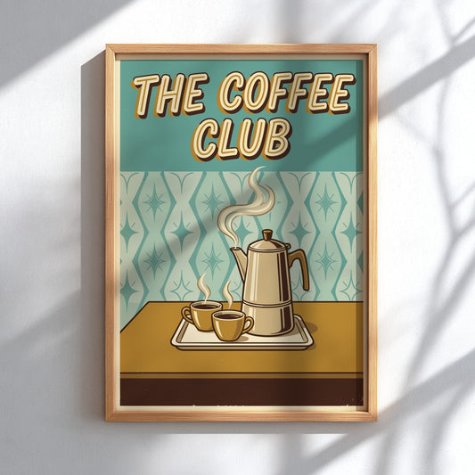 Poster featuring The Coffee Club text with a steaming silver percolator and two cups