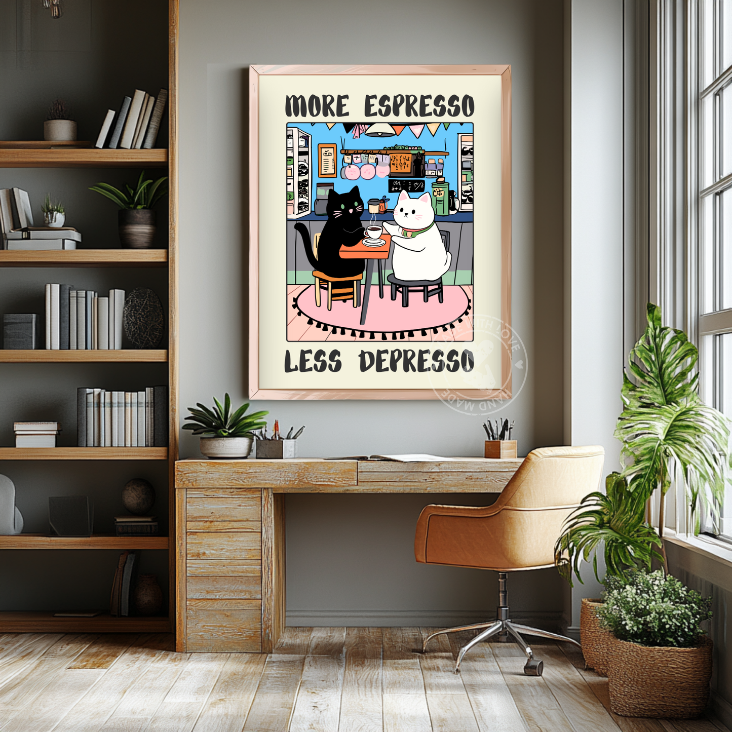 More Espresso Less Depresso – Funny Black Cat Coffee Print, Coffee Lover Wall Art, Handmade Cat Poster, Unique Gift