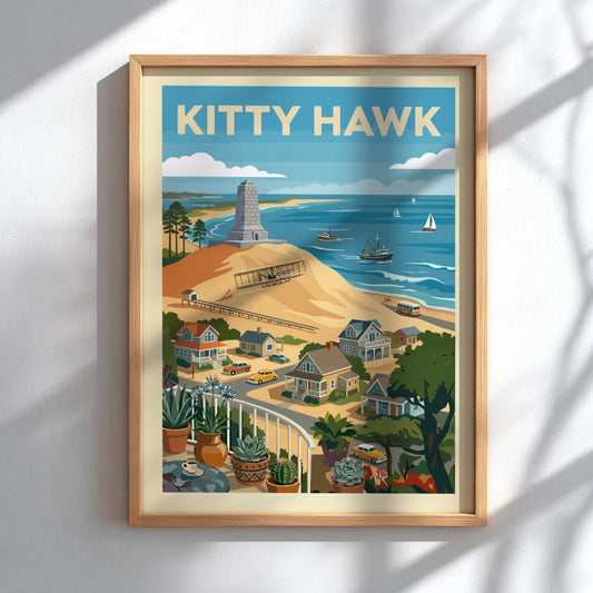 Retro illustration of Kitty Hawk beach with Wright Brothers memorial, vintage airplane, and coastal town.