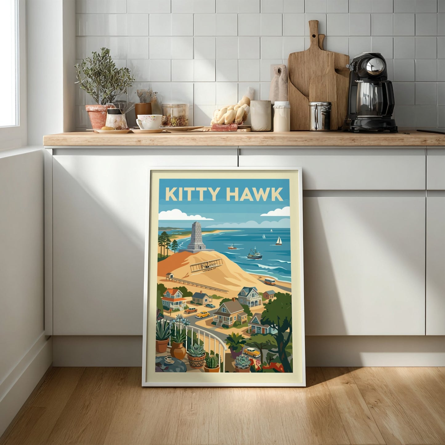 Retro illustration of Kitty Hawk beach with Wright Brothers memorial, vintage airplane, and coastal town.