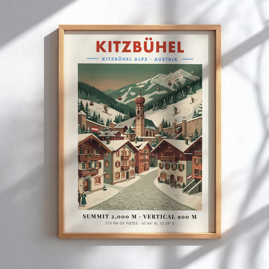 Kitzbühel ski resort poster featuring a vintage village scene with snowy mountains and warm colors