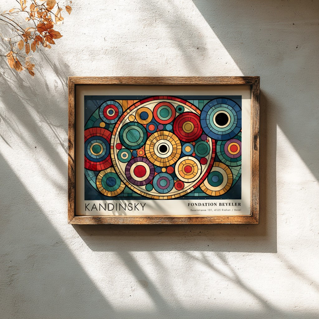 Kandinsky Fondation Beyeler poster featuring vibrant overlapping geometric circles in a wooden frame.