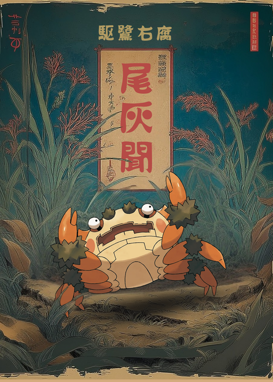 Illustration of Klawf Pokemon in a natural setting with traditional Japanese text and design elements.