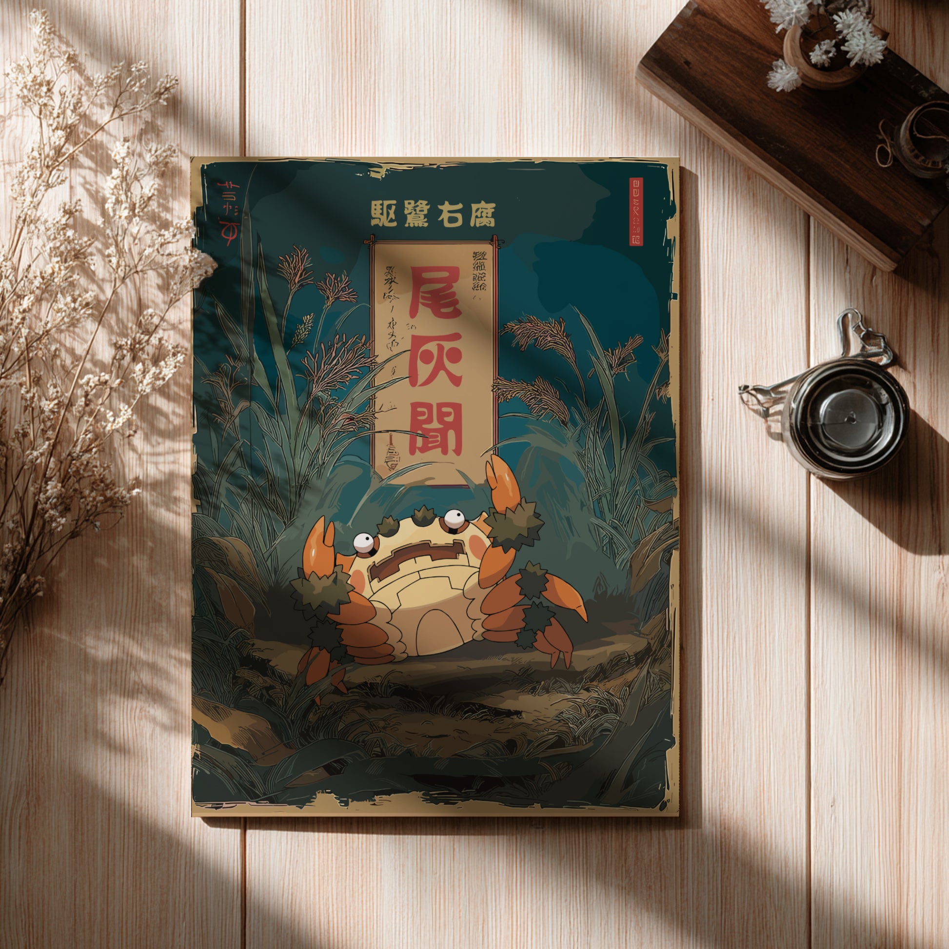 Poster featuring an illustration of Klawf Pokemon and text on a wooden surface.