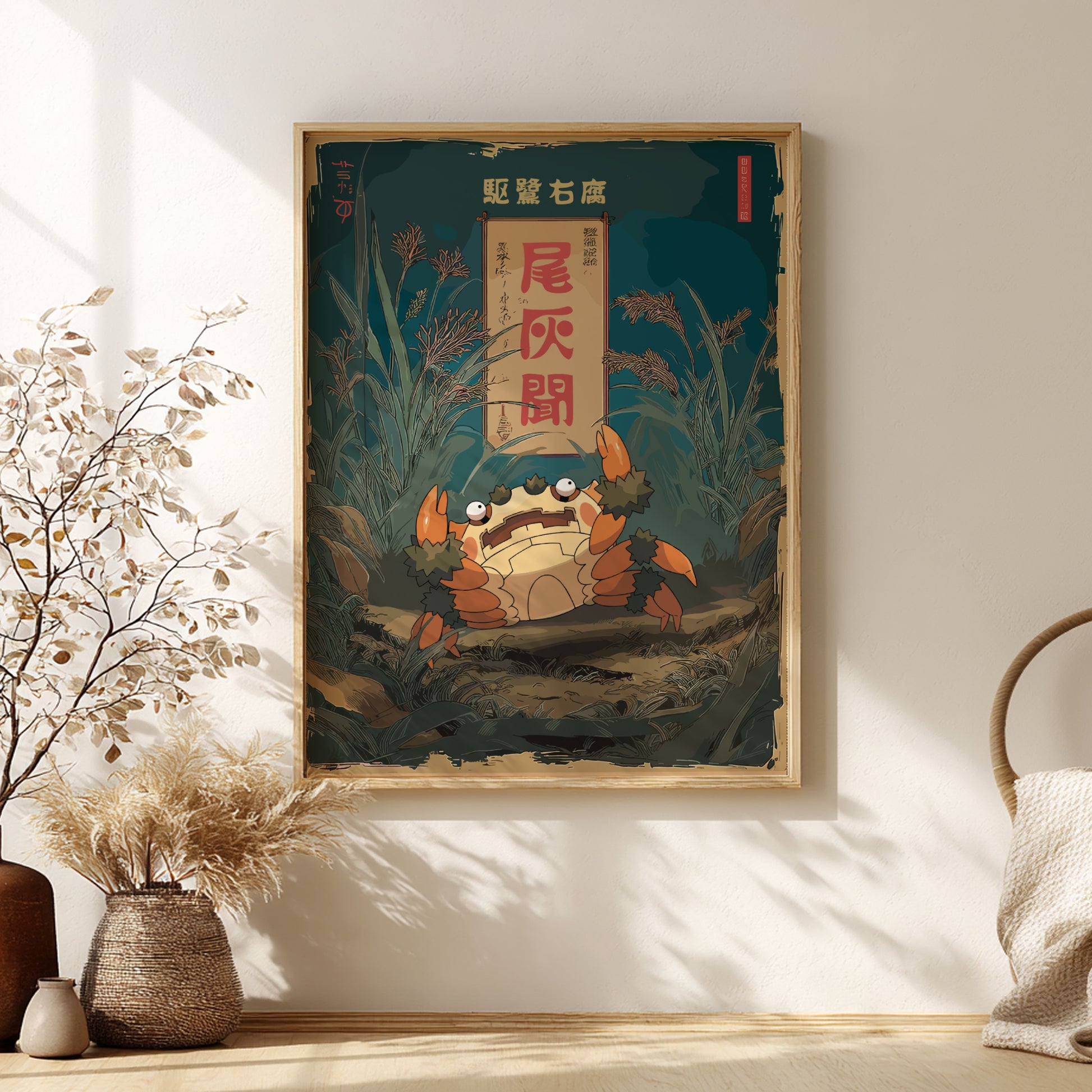 Framed artwork of Klawf Pokemon character with a nature-themed background on a wall.
