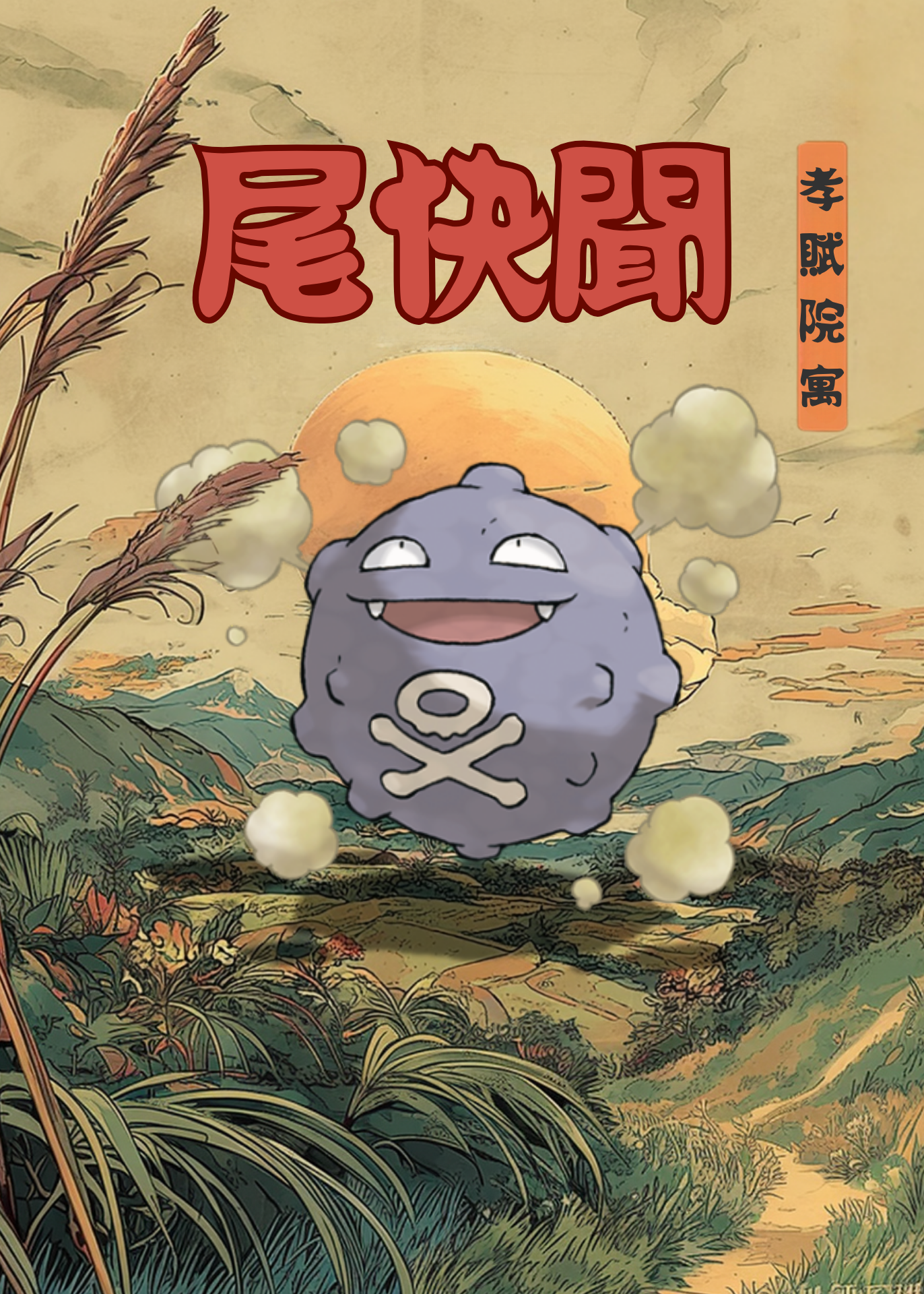 Koffing Pokemon character with a sun and mountains in the background