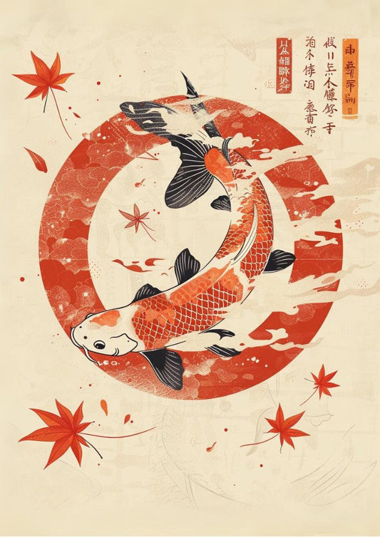 Affiche de poissons koï japonais - Art de style gravure sur bois