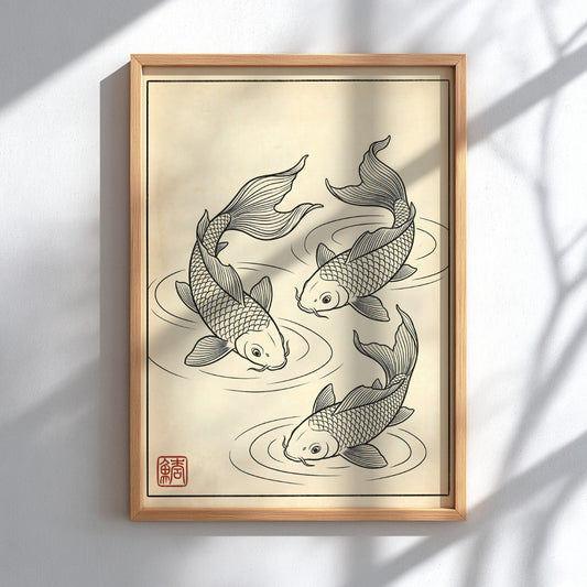 Koi fish poster featuring elegant line art in Japanese style, perfect for wall decor.