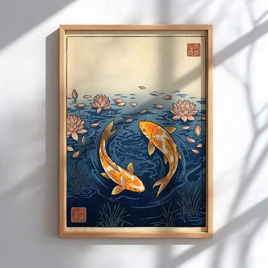 Koi fish poster featuring orange koi and pink lotus petals in Japanese art style
