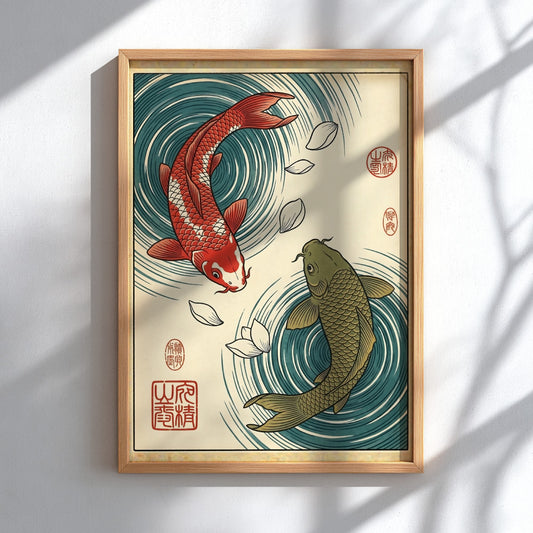 Koi fish poster featuring red and green koi in blue water, Japanese art style