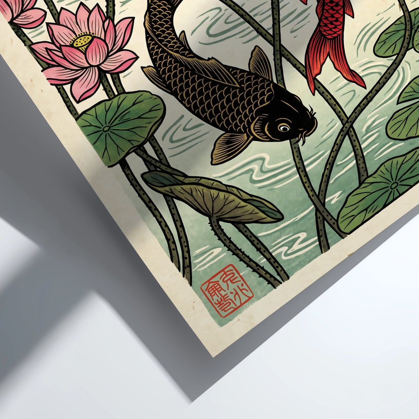 Japanese art style poster featuring koi fish and pink lotus flowers in vibrant colors