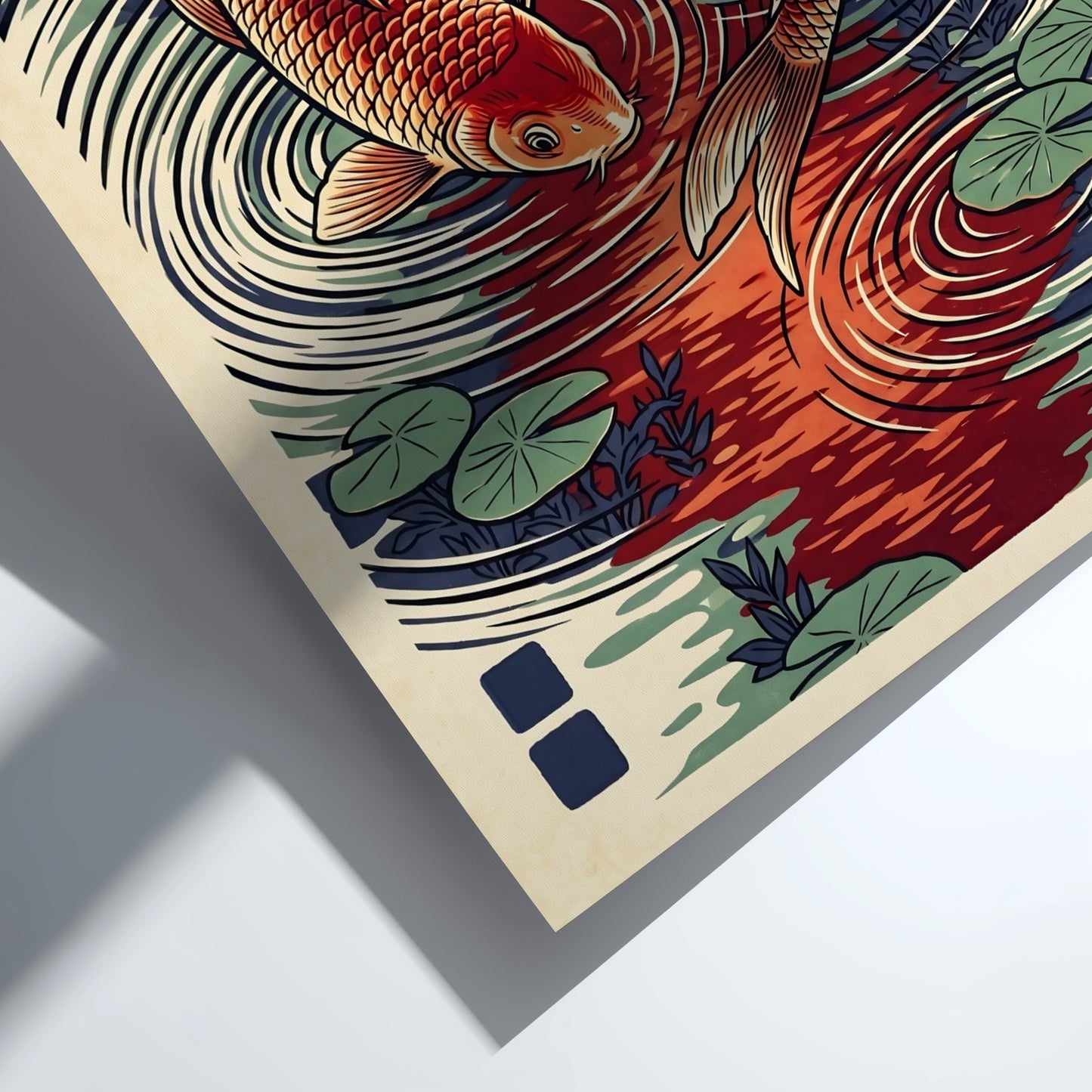 Koi fish poster featuring red and green colors in Japanese art style, ideal for wall decor