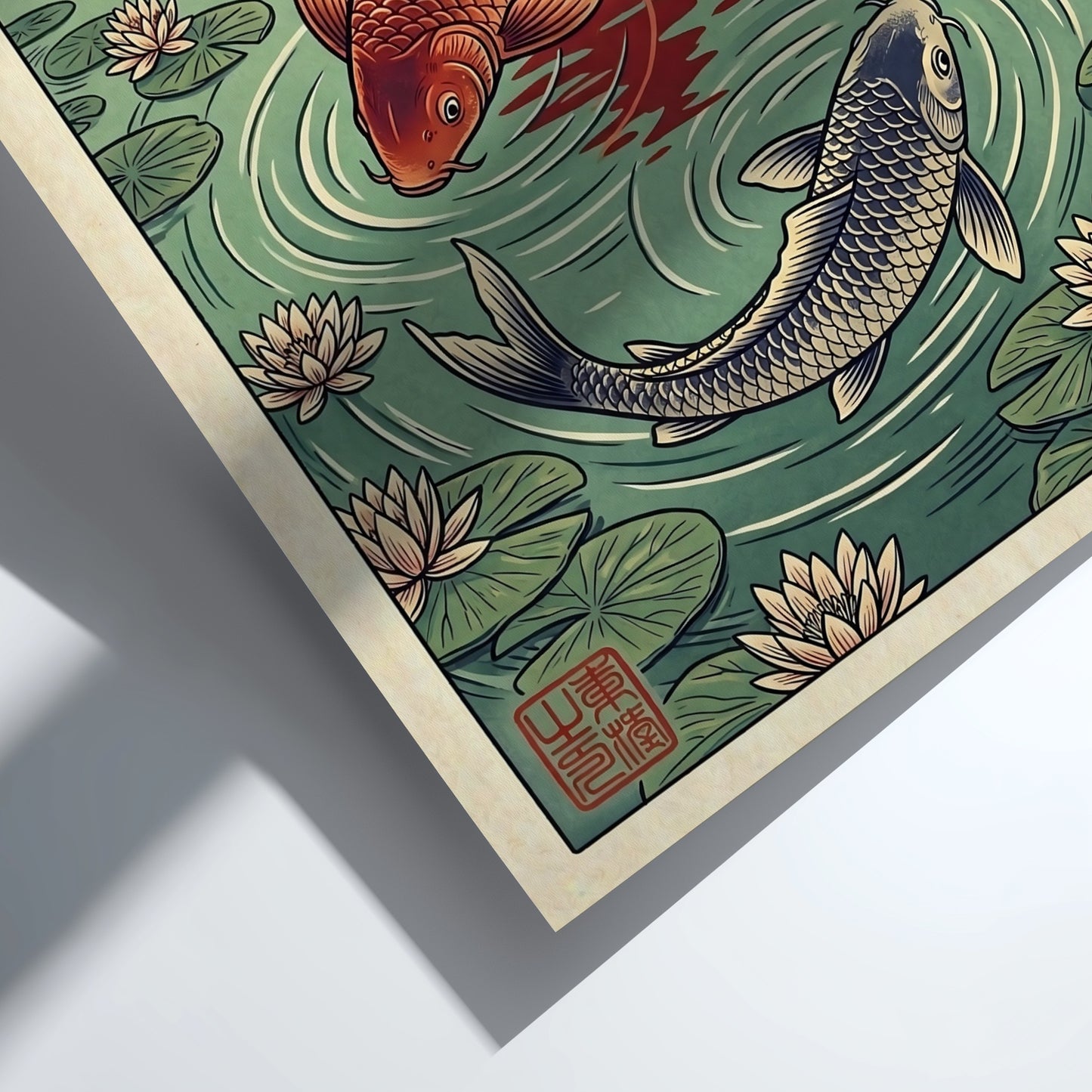 Koi fish sunset poster featuring vibrant colors and water lilies in Japanese art style