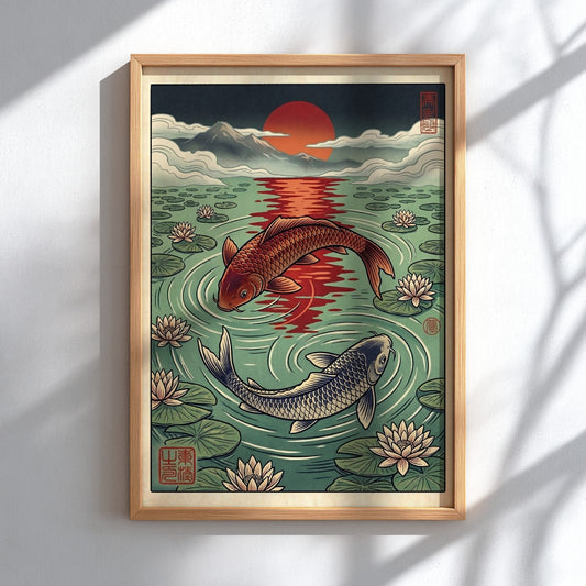 Koi fish sunset poster featuring vibrant colors and water lilies in Japanese art style