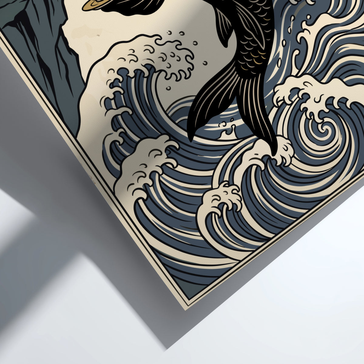 Poster featuring a black koi fish holding a teacup among blue Japanese waves