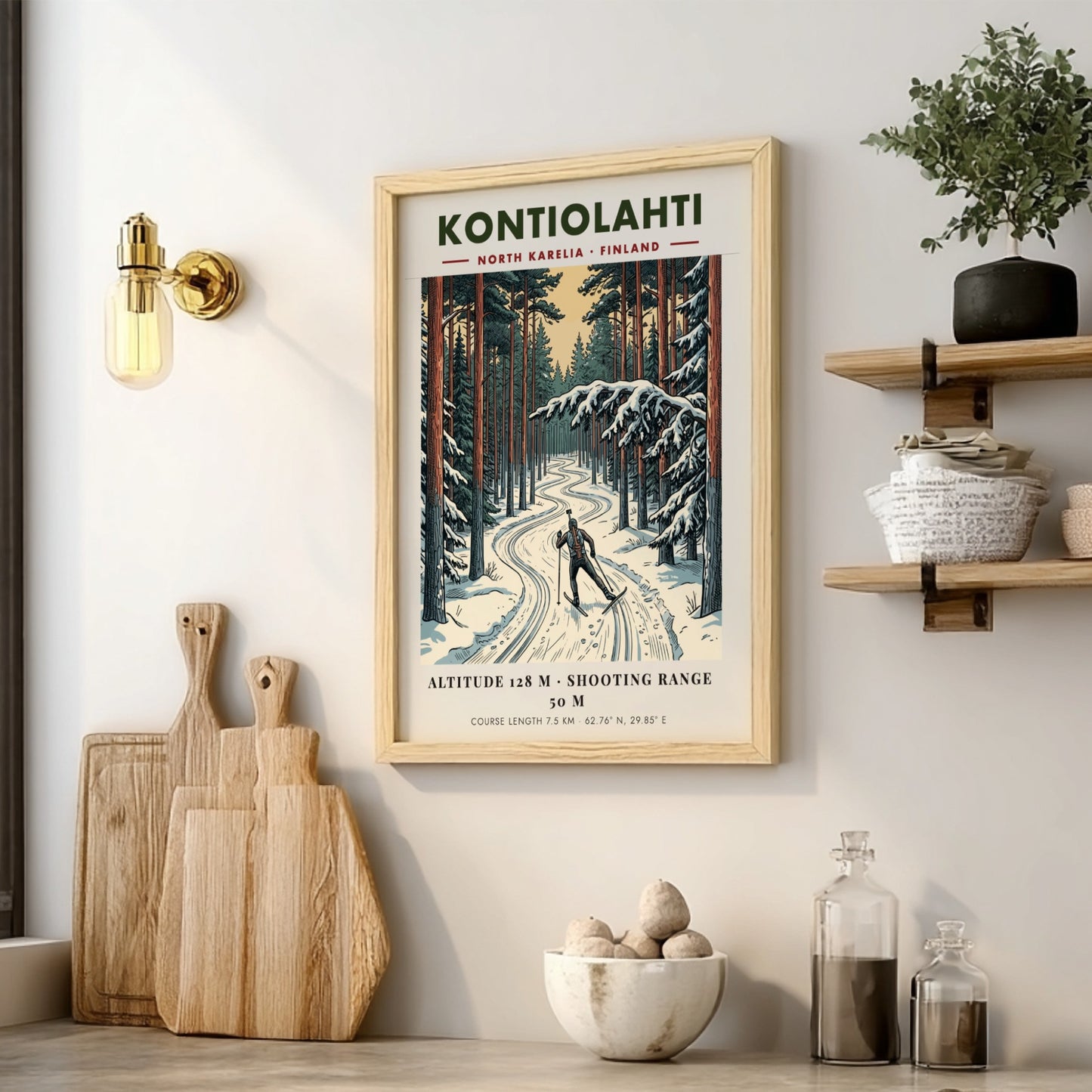 Poster of a biathlete skiing through a snowy Finnish pine forest in Kontiolahti.
